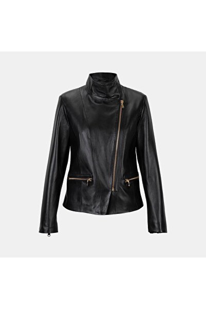 Desa Women's Black Judge Collar Fit Leather Jacket