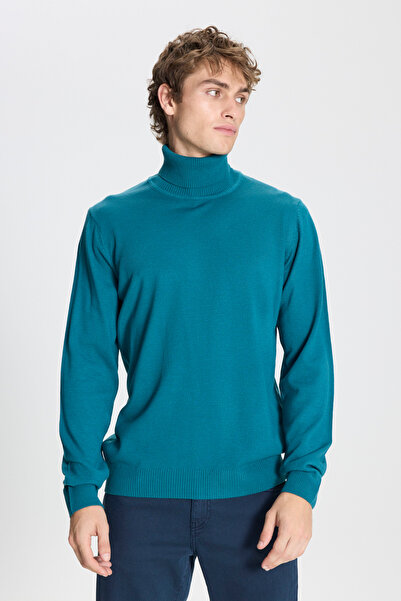 ALTINYILDIZ CLASSICS سترة رجالية بترولية خالية من الوبر، ومضادة للوبر، ومقاس قياسي، وياقة مدورة كاملة، سترة تريكو