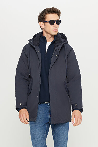 AC&Co / Altınyıldız Classics Men's Navy Blue Cold Proof Warm Coat Regular Fit Hooded Mock Neck Side Pockets