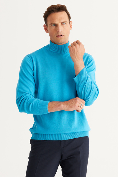 ALTINYILDIZ CLASSICS Men's Turquoise Non-Pilling Standard Fit Normal Cut Half Turtleneck Knitwear Sweater
