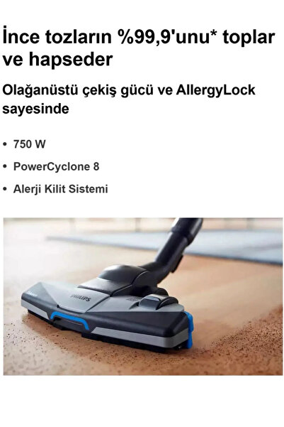 Philips HEPA 13 Filtre ve TriActive+ ve Halı Döver Turbo Başlık 7000 serisi PowerPro Max Torbasız Süpürge