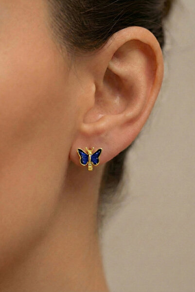 Söğütlü Silver 925 ayar gümüş küpe altın yaldızlı lacivert mineli kelebek küp...