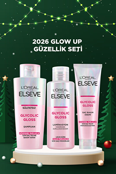 ELSEVE Glycolic Gloss Parlaklık 3'lü Saç Bakım Seti: Şampuan, Saç Kremi, Laminasyon + Saç Tokası Hediye