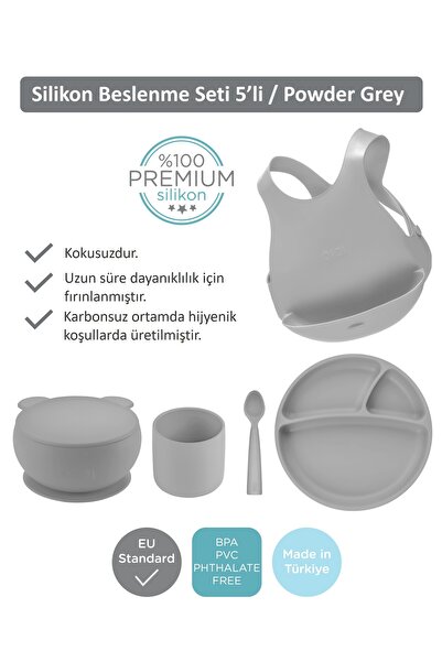 OiOi Powder Grey Beşli Set (önlük+tabak+kase+bardak+kaşık)