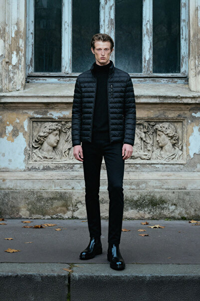 AC&Co / Altınyıldız Classics Pánské černé 360° všesměrově strečové kalhoty slim fit s diagonálním vzorem