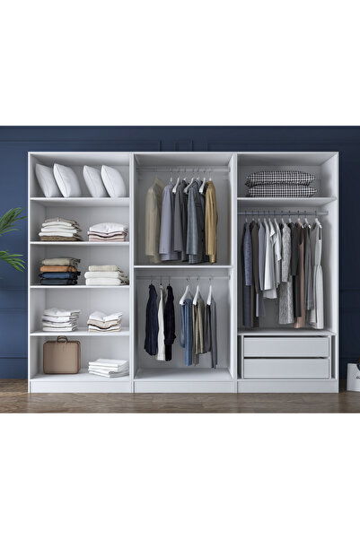 Rani Mobilya Rani BA158 Geniş Gardırop Elbise Dolabı 6 Kapaklı 2 Çekmeceli 7 Raflı 3 Askılı Modüler Dolap Beyaz