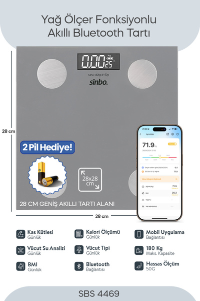Sinbo SBS-4469 Bluetooth Dijital Yağ Su Kas Vücut Kitle Endeksi Kilo Ölçer Tartı Baskül