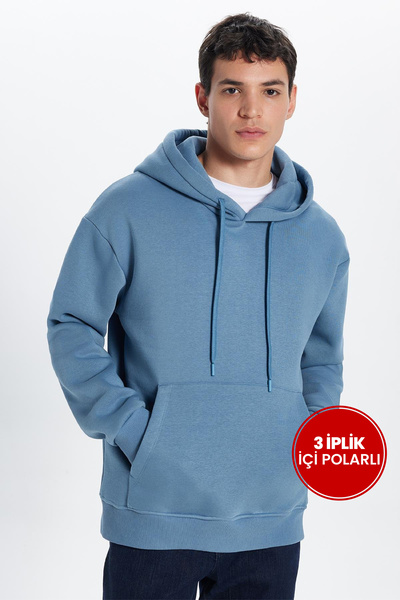 Tudors Unisex Oversize Geniş Kesim Pamuklu Yumuşak Dokulu İçi Polarlı Basic İndigo Kapüşonlu Sweatshirt