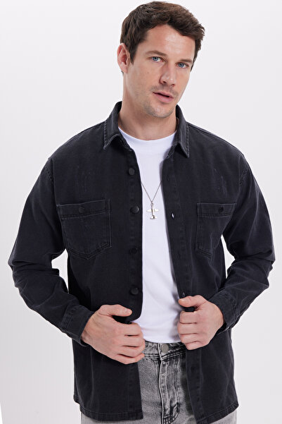 Tudors Relax Fıt Uzun Kollu Çift Cep Eskitmeli Siyah Denim Erkek Siyah Gömlek