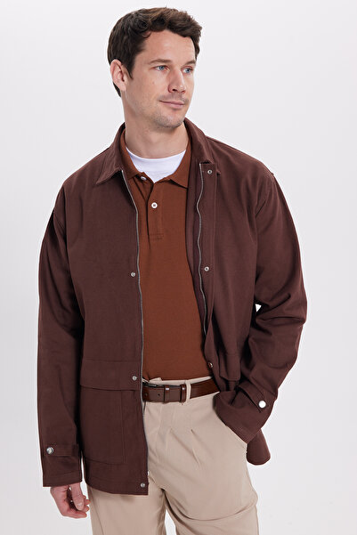 Tudors Erkek Relax Fit Rahat Kesim %100 Pamuk Çift Cepli Fermuarlı Kiremit Mont Gömlek