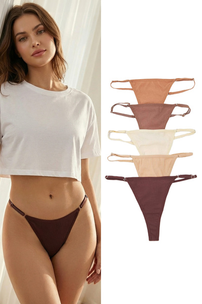 Trendyol Collection Chiloți tanga tricotați maro-multicolor, pachet de 5, cu talie reglabilă THMAW26KU00017