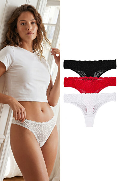 Trendyol Collection Black-White-Red 3-Pack Leopard Print Lace Thong Knitted Panties Thmaw26Ku00050