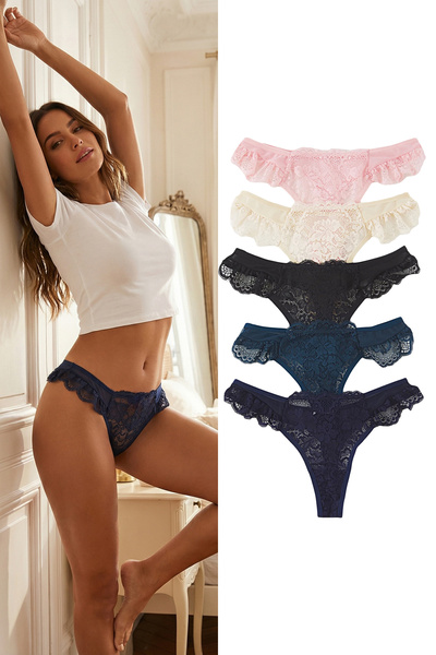 Trendyol Collection Set de 5 chiloți tanga albastru și multicolor, cu detalii din tul și dantelă