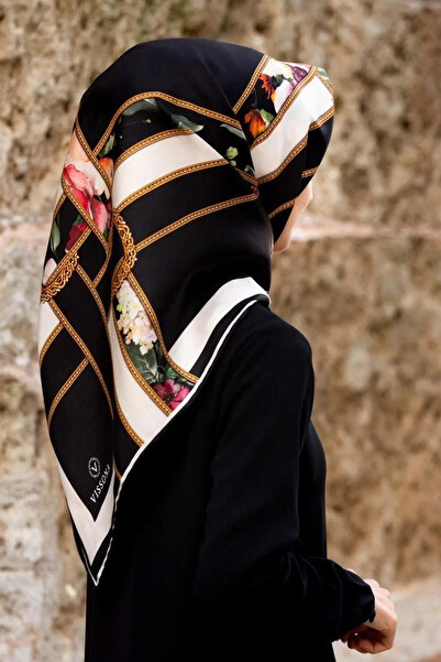 Vissona Eșarfă de mătase twill pentru femei, negru crem.