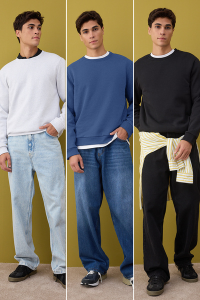 Trendyol Collection Black-Navy-Grey Melange 3 Pack Regular/Regular Cut Basic Fleece Inside Sweatshirt Tmnaw26Sw00006