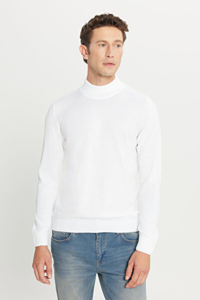 ALTINYILDIZ CLASSICS Men's Ecru Knitwear Sweater - Standard Fit, Half Turtleneck, Non-Pilling