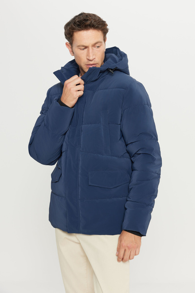 AC&Co / Altınyıldız Classics Men's Indigo Cold Proof Warm Padded Coat Jacket D Mock Neck K Hooded with Flap Pocket