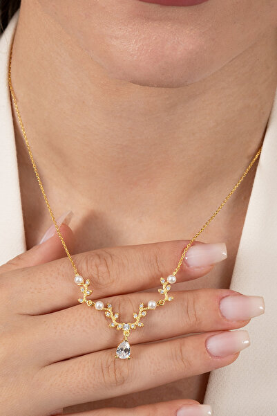 Söğütlü Silver Gümüş altın yaldızlı inci ve zirkon taşlı yaprak firgürlü pren...