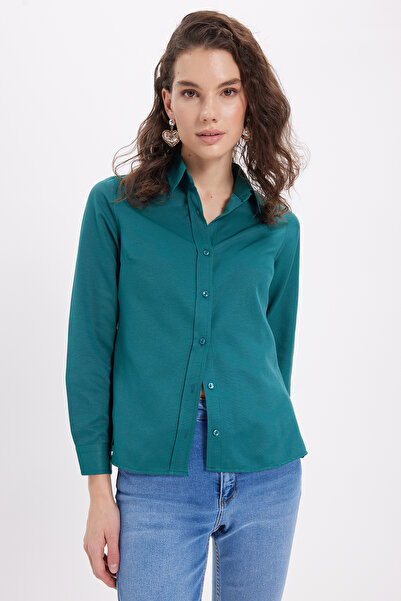 Tudors Women's Slim Fit Slim Fit Long Sleeve Cotton Bodycon Textured Green Basic Shirt