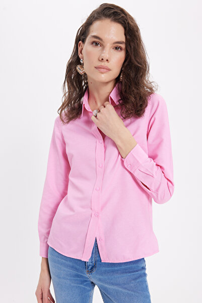 Tudors Women's Slim Fit Slim Fit Long Sleeve Cotton Bodycon Textured Pink Basic Shirt