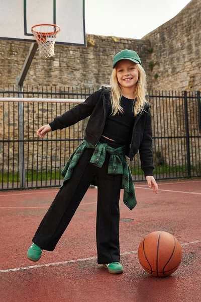 TRENDYOLKIDS Black Cotton 3-Piece Plain Hooded Regular Girl's Knitted Bottom - Top Set Tkdaw26Au00000