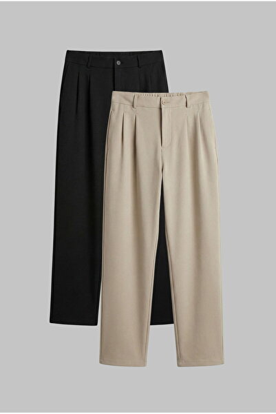 ablukaonline Erkek Baggy Fit 2'Li Kumaş Pantolon Siyah Bej