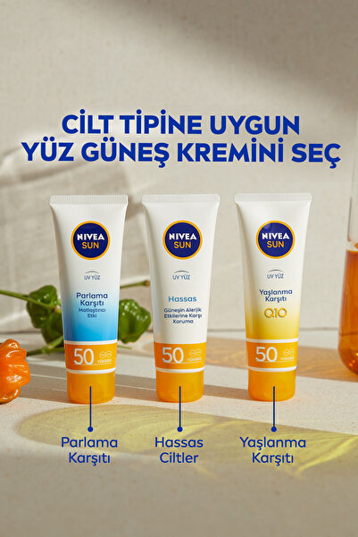 NIVEA SUN SPF50 Q10 Yaşlanma Karşıtı Yüz Güneş Koruyucu Krem 50ml, Çok Yüksek Koruyucu,Antioksidan,Renksiz