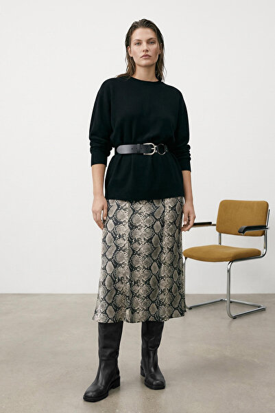 Trendyol Collection Schwarzer gewebter Midi-Satinrock mit Tier-/Schlangenmuster TWOAW26ET00163