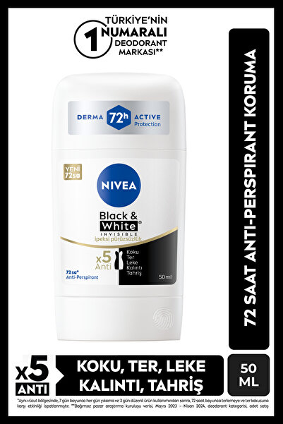 NIVEA Kadın Stick Deodorant Black&White İpeksi Pürüzsüzlük 50ml, 72 Saat Anti-perspirant Ter Koruması