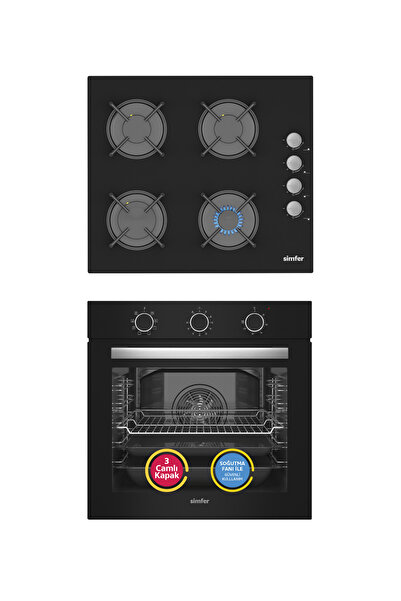 Simfer 9 Fonksiyon QS Mekanik Siyah Büyük Pop-Up 2'li Ankastre Set (Fırın + O...