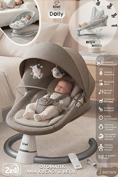 Kiwi Dolly 2in1 Otomatik Sallanan Kademe Ayarlı  Beşik ve Anakucağı -Dark Brown