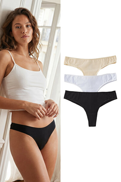 Trendyol Collection Schwarz-Weiß-Haut 3er-Pack Baumwoll-Micro-Tanga-Strickhös...