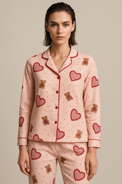 Katia&Bony Women's Heart Teddy Patterned Pajama Set Pink