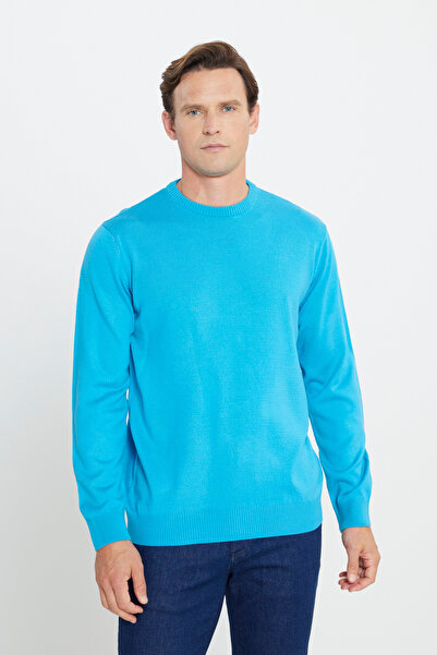 ALTINYILDIZ CLASSICS سترة تريكو باللون الفيروزي للرجال - رقبة دائرية، مقاس قياسي