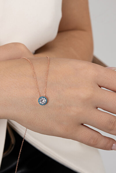 Söğütlü Silver Gümüş rose nano turkuaz ve zirkon taşlı pırlanta montür kolye ...