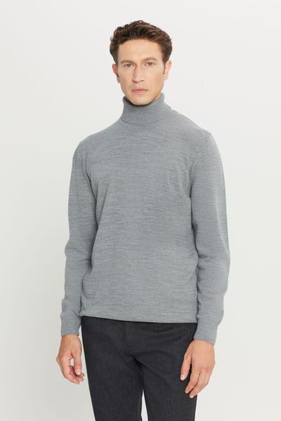 ALTINYILDIZ CLASSICS Ανδρικό πλεκτό πουλόβερ με γκρι μελανζέ, χωρίς διάτρηση, κανονική εφαρμογή με πλήρες ζιβάγκο