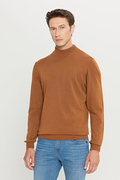 ALTINYILDIZ CLASSICS سترة رجالية منسوجة بقصة عادية بدون بيلينغ من القرفة بنصف ياقة مدورة