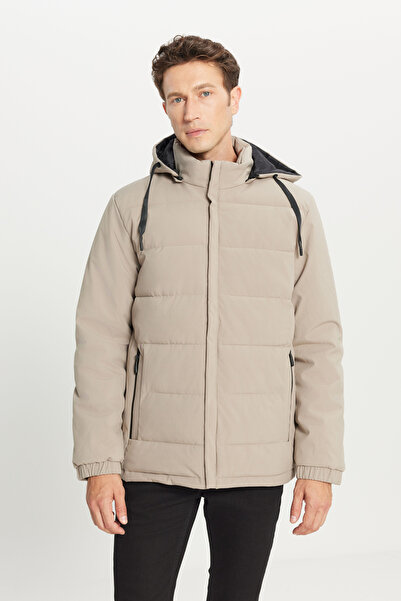 AC&Co / Altınyıldız Classics Men's Mink Warm Padded Standard Fit Regular Cut Stand Collar Hooded Casual Coat with Side Pockets