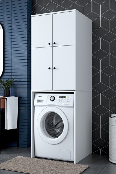 Rani Mobilya Rani KD114 Çamaşır Makinesi Dolabı 4 Kapaklı 5 Raflı Banyo Dolabı Beyaz