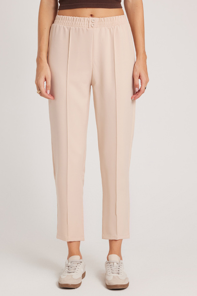 Tudors Women's Relax Fit Comfortable Cut High Waist Straight Leg Elastic Waistband Light Beige Trousers