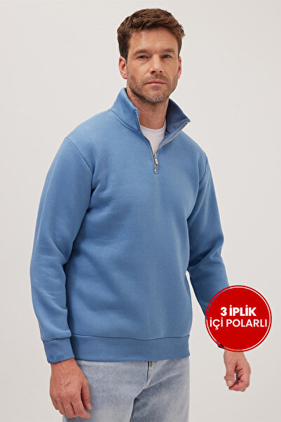 Tudors Unisex Relax Fit Rahat Kesim Pamuklu İçi Polarlı Yarım Fermuarlı Petro...