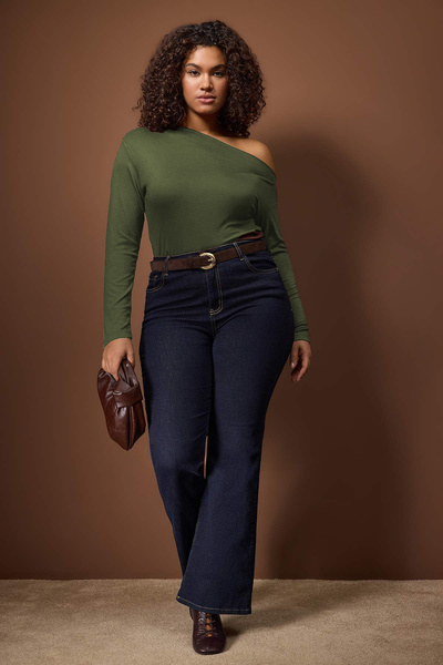 Trendyol Curve Khaki Viscose Ribbed Knitted Plus Size Blouse