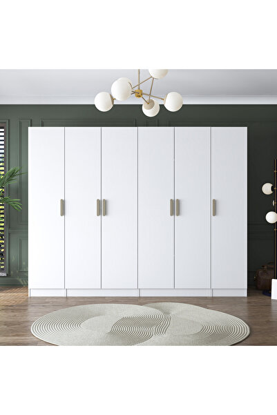 Rani Mobilya Rani BA157 Geniş Gardırop Elbise Dolabı 6 Kapaklı 13 Raflı 3 Askılı Modüler Dolap Beyaz