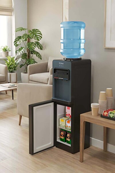 Kiwi KWP-8553 Su Sebili Siyah, 3 Musluklu (Sıcak-Soğuk-Ilık), Saklama Dolabı