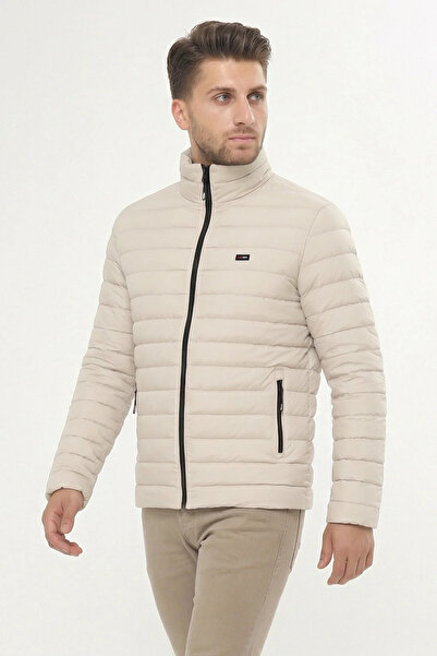 D1fference سترة رجالية مقاومة للماء بياقة واقفة وقابلة للنفخ من ألياف الجل الشتوية باللون البيج