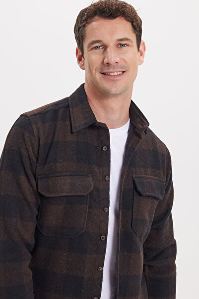 Tudors Erkek Slim Fit Dar Kesim Uzun Kollu Kapaklı Çift Cepli Kareli Kışlık Oduncu Gömlek