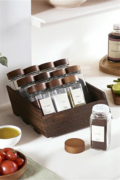 Karaca Vento 12'li Etiketli Ahşap Standlı Baharat Takımı