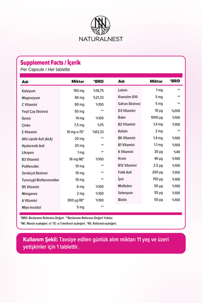 Naturalnest Multy Energy Women 30 Tablet- Safran, demir, yeşilçay, kafein, hyaluronik asit, alfa lipoik asit