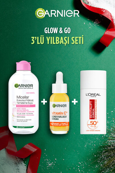 Garnier C Vitamini Parlak Serum + 200ml Micellar Makyaj Temizleme Suyu + Clinical SPF50 Yüz Güneş Kremi
