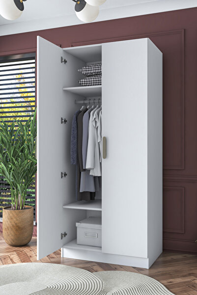 Rani Mobilya Rani BA161 Gardırop 2 Kapaklı 2 Raflı Elbise Dolabı Beyaz
